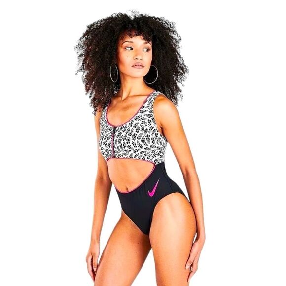 NIKE Swim Party Dots Cutout One Piece Bikini Swimsuit White Women's Size Large - Picture 1 of 11